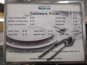 Tableware price chart